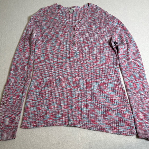 Sundance Tops - Sundance Womens XL Button Henley Top Pink Blue White Ribbed Knit Long Sleeve